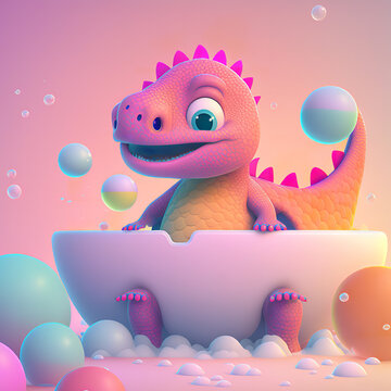 Dinosaur uin bathtub 3d cartoon illustration