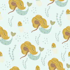Seamless marine pattern cute black mermaid, jellyfish digital paper, for surface design, kids clothing,print