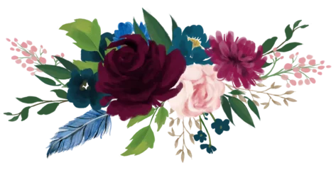 Meubelstickers Watercolor vintage floral composition Pink and blue Floral Bouquet Flowers and Feathers Isolated © HoyaBouquet