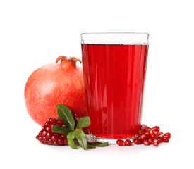 Glass of tasty pomegranate juice isolated on white background