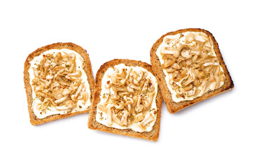 Tasty toasts with cream cheese and mushrooms on white background