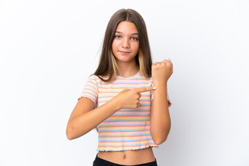 Little caucasian girl isolated on white background making the gesture of being late