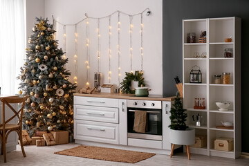 Interior of kitchen with Christmas trees, glowing lights and white counters