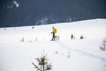 man and dog trekking in big snow in mountains in winter