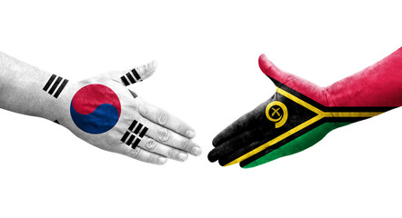 Handshake between South Korea and Vanuatu flags painted on hands, isolated transparent image.