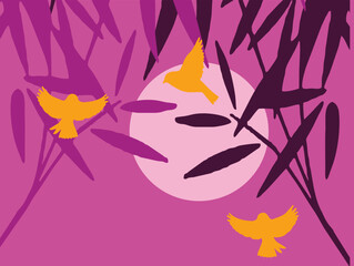 Oriental bamboo painting with birds