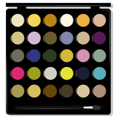 Illustration of an eyeshadow palette with brush on a white background. Professional cosmetics. Vector illustration.