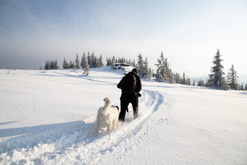 man and dog trekking in big snow in mountains in winter