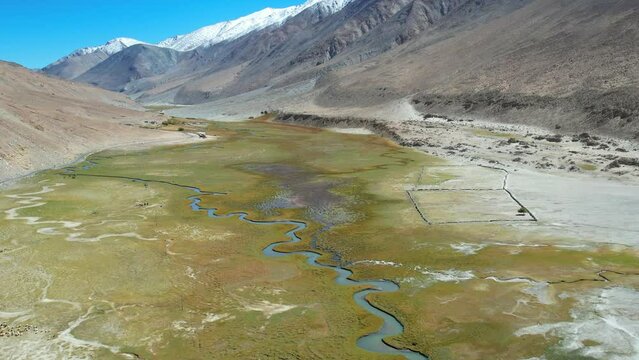 Landscape aerial view of mountains with river and green valley in Himalayas with blue sky in Nubra valley, Jammu and Kashmir, India.
