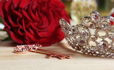 Red Rose with Key and Tiara on Dressing Table With Shallow DOF