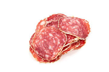 Slices of salami sausage on a white background
