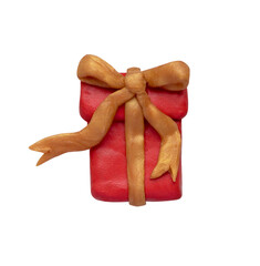Red gift box with golden bow. Made from plasticine.