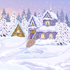 Wonderful winter landscape. Cute rustic houses with a veranda and stairs on a snow-covered hill. Fir trees covered with snow, snowdrifts. Winter village landscape. Winter vacation day. Vector