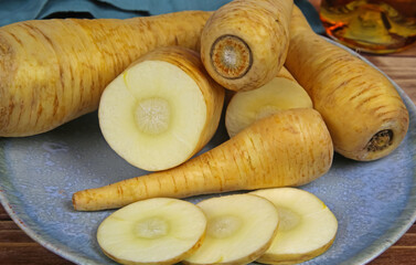 Closeup of group many raw isolated sliced parsnip root vegetables on blue china plate