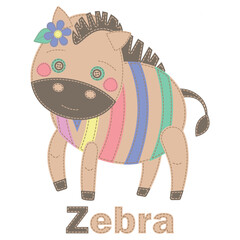 Applique with a zebra. Patchwork vector drawing with a zebra. Cute vector cartoon zebra. Children's, greeting, holiday and invitation card. Vector children's patchwork illustration. For print.