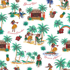 Beautiful Summer tropical Hawaii Aloha island , Beach Vibes Seamless pattern Vector Illustration - obrazy, fototapety, plakaty