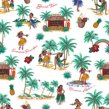 Beautiful Summer tropical Hawaii Aloha island , Beach Vibes Seamless pattern Vector Illustration