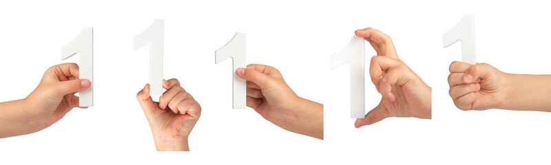 Number one in a hand isolated on a black background. Big set PNG. Number one white in a child's...