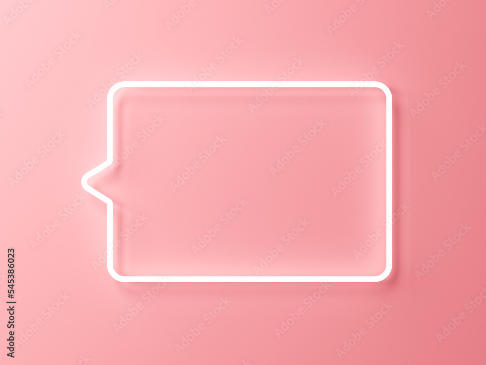 Poster Blank neon light info speech bubble index sign or social media notification pop up sign pin icon isolated on pink pastel color wall background with shadow minimal conceptual 3D rendering