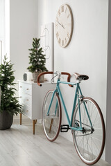 Fototapeta na wymiar Interior of living room with bicycle, chest of drawers and small fir trees