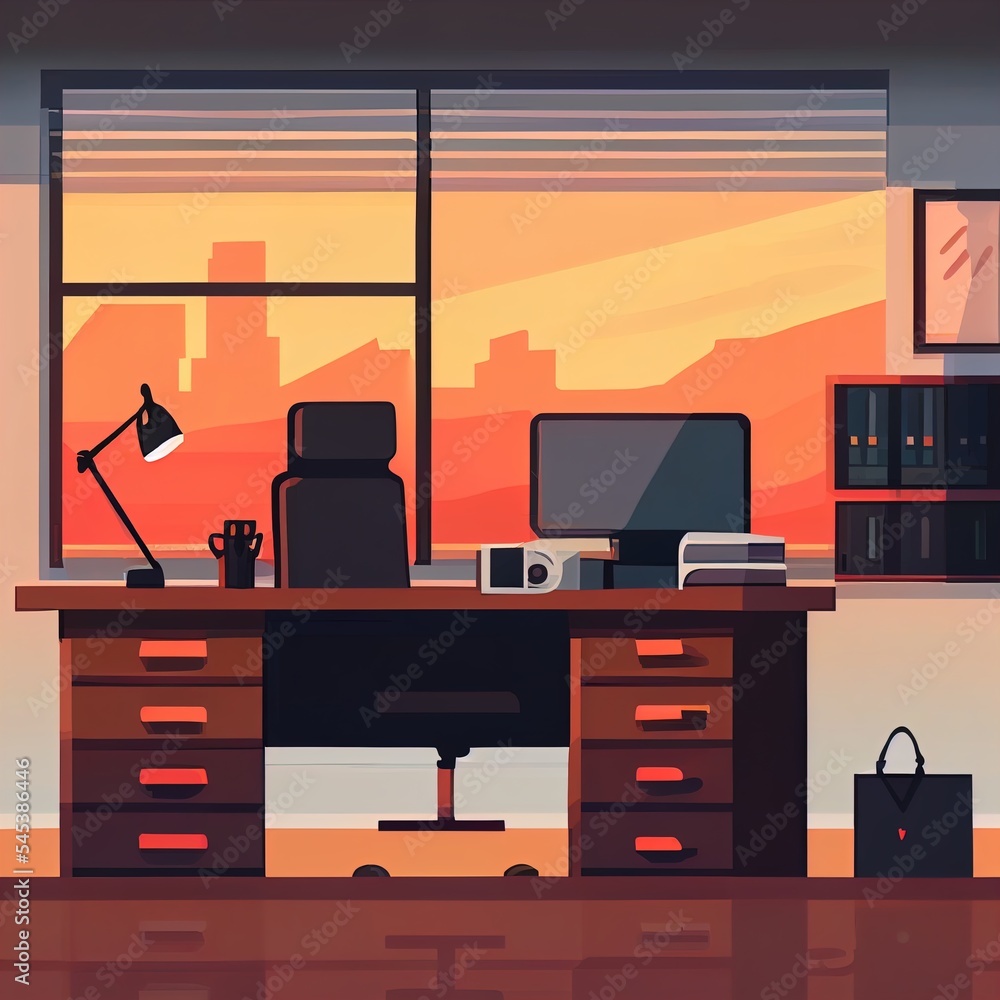 Poster a desk with a computer and a lamp in a room with a window and a view of the city. generative ai