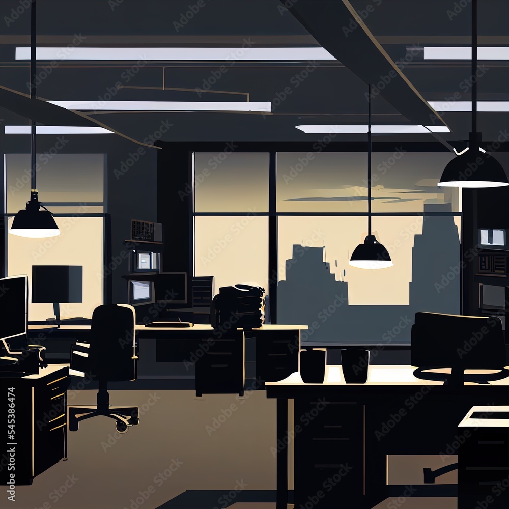 Poster a room with a desk and a chair and a window with a city view in the background and a lamp hanging fr