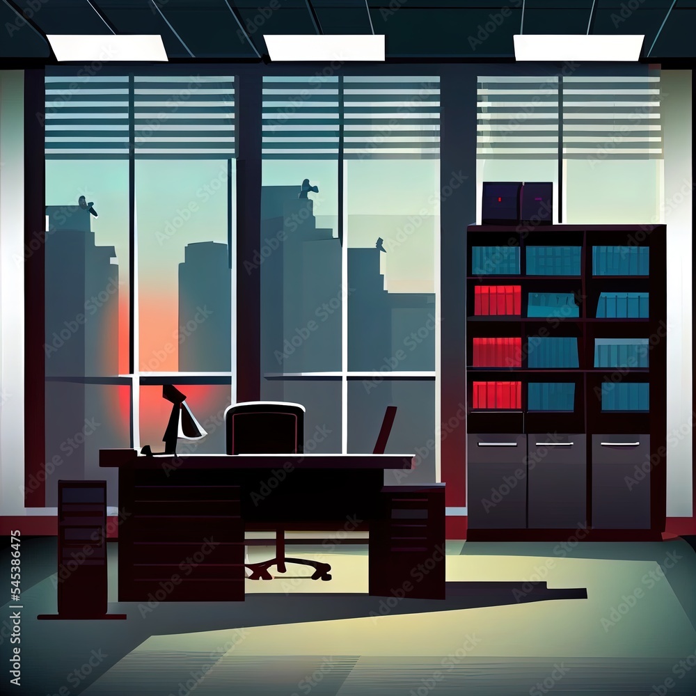 Poster a room with a desk and a bookcase in it with a window overlooking a city at night time. generative a