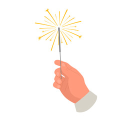 Hand holding sparklers. Celebration of New Year, birthday, Christmas. Vector illustration isolated on white background.