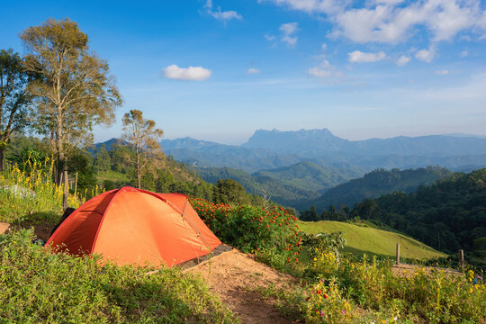 Tent Camping In Dramatic Mountain Landscape Hadubi, Chiang Mai, Thailand.