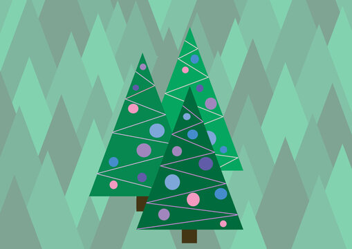 abstrakte, mit Kugeln und Girlanden geschmückte Weihnachtsbäume im Wald. (geschmückte Christbäume) Pastellfarben 
Hintergrundbild. Posterbild 