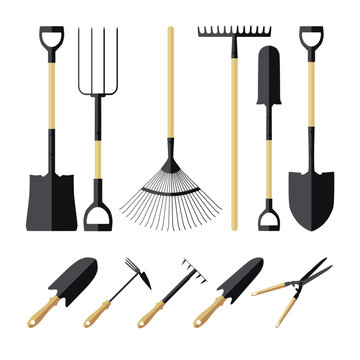 Set garden tools. Colored icons of garden tools. Shovels, rakes and a ripper and garden shears. Vector illustration for design and web.