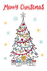 Christmas tree decorated with balls and garlands with gifts underneath. In doodle style for postcards, labels, flyers, banners.