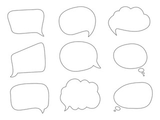 Cartoon doodle speech or thought bubbles of different shapes and sizes. Hand drawn vector illustration.