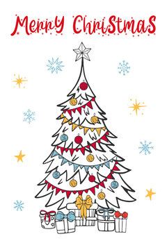 Christmas tree decorated with balls and garlands with gifts underneath. In doodle style for postcards, labels, flyers, banners.