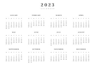2023 Annual Calendar template. Vector layout of a wall or desk simple calendar with week start monday.