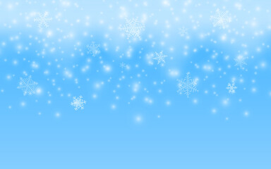 Naklejka na ściany i meble Winter season scene. Merry Christmas snow background. Vector 3d illustration glowing snowflakes falling. Winter landscape, blue sky, snowstorm. Empty space for product design.