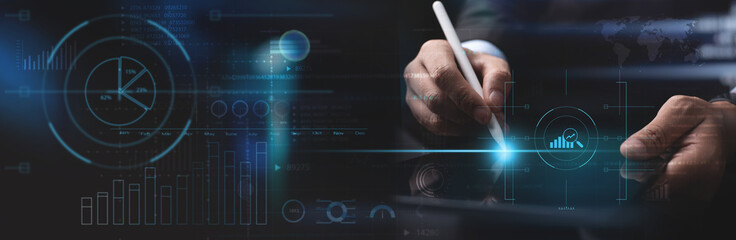 Data analysis, market research, business intelligence, digital technology concept. Businessman using digital tablet analyzing financial graph growth chart on futuristic virtual screen interface