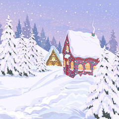 Winter landscape. Cute village houses on a snowy hill. Fir trees covered with snow, snow drifts, snow paths. Winter village landscape. Vector illustration. Winter Vacation Day