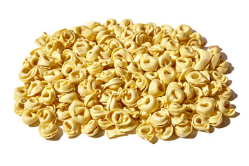 Tortellini pasta isolated on white background. Fresh Tortellini with raw prosciutto. Italian stuffed pasta