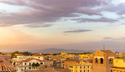 Sunrise over a church in Rome, Italy
