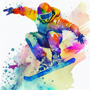 Jumping snowboarder. Watercolor illustration of a man on a snowboard. Snowboarding