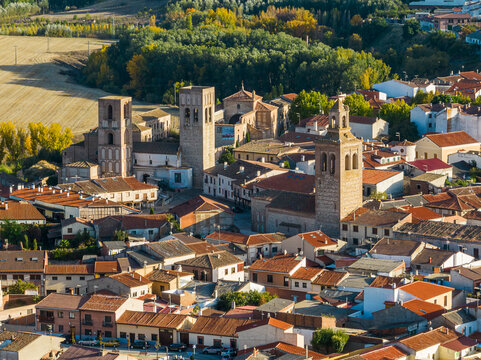 Aerial view of the Spanish town of Arevalo in Avila, with the famous towers of the churches in its main square.