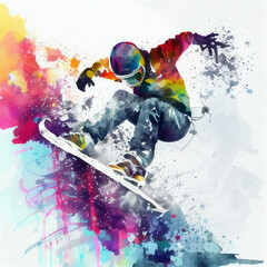 Fototapeta na wymiar Jumping snowboarder. Watercolor illustration of a man on a snowboard. Snowboarding