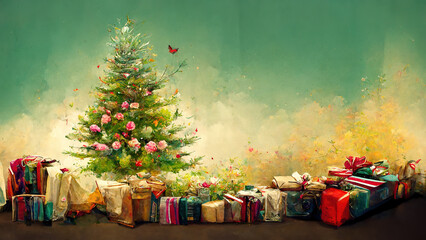 Weihnachtliches Dekobanner mit Weihnachtsbaum und Geschenke, Hintergrund Illustration