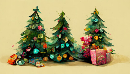 Weihnachtliches Dekobanner mit Weihnachtsbaum und Geschenke, Hintergrund Illustration