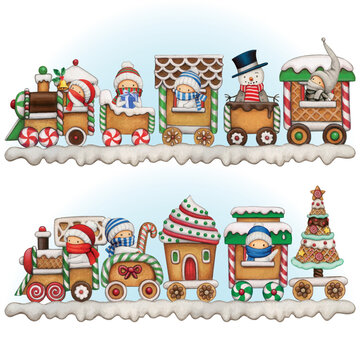 watercolor hand drawn gingerbread train