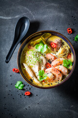 Yummy Malaysian Soup with prawns and chicken.