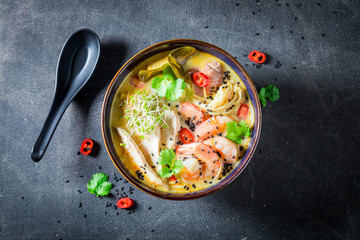 Delicious Malaysian Soup with prawns and chicken.