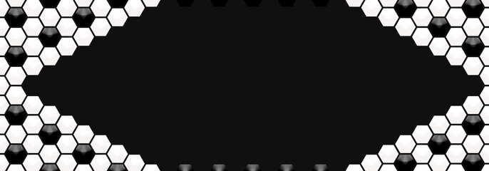 Embossed black and white hexagon frame on black backgrounds. Abstract tortoiseshell. Abstract honeycomb. Abstract crystal. Abstract mouth with teeth. Abstract pattern football with copy space