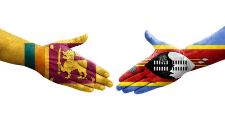 Handshake between Sri Lanka and Eswatini flags painted on hands, isolated transparent image.
